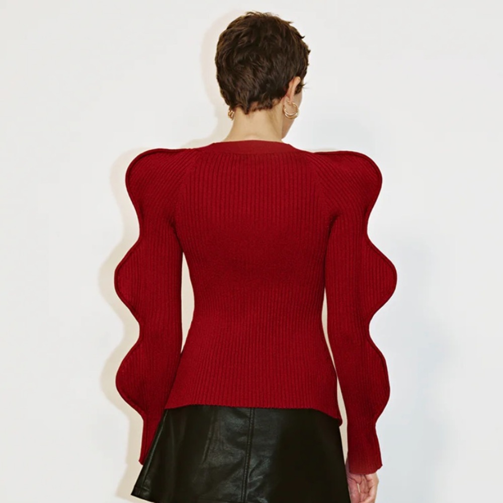 Red Ribbed Puff-Sleeve Button Cardigan - Picture 4 of 6